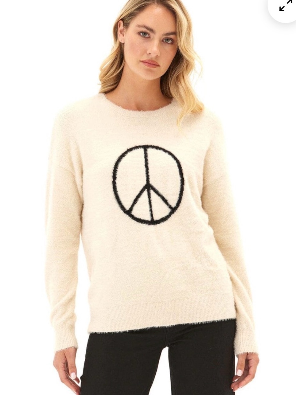 Threads 4 Thought Cream Fuzzy Sweater, Black Peace Sign, Women’s Medium